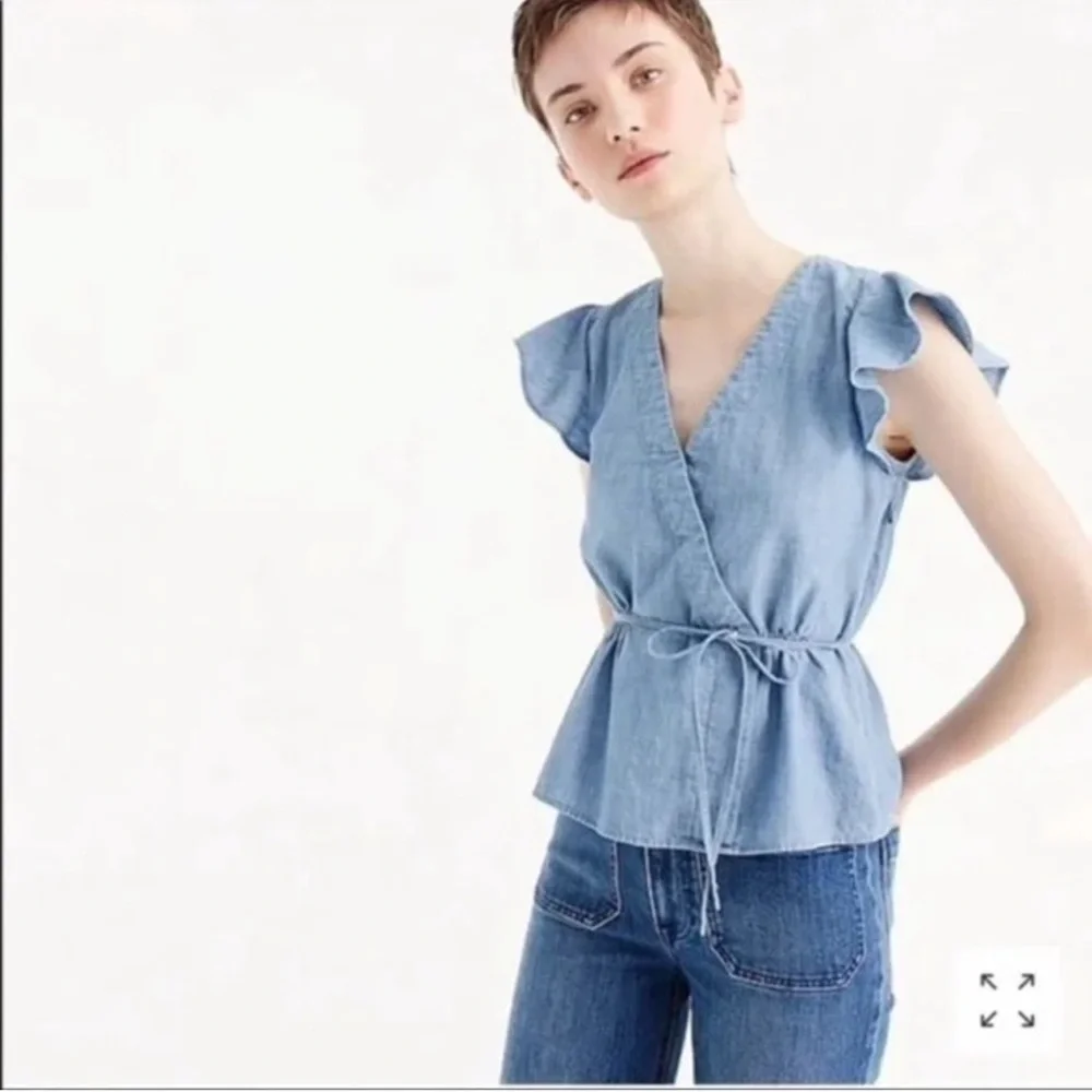 2/$30 J. Crew - Chambray Flutter Sleeve Faux Wrap Tie Waist Blouse Blue Size 00